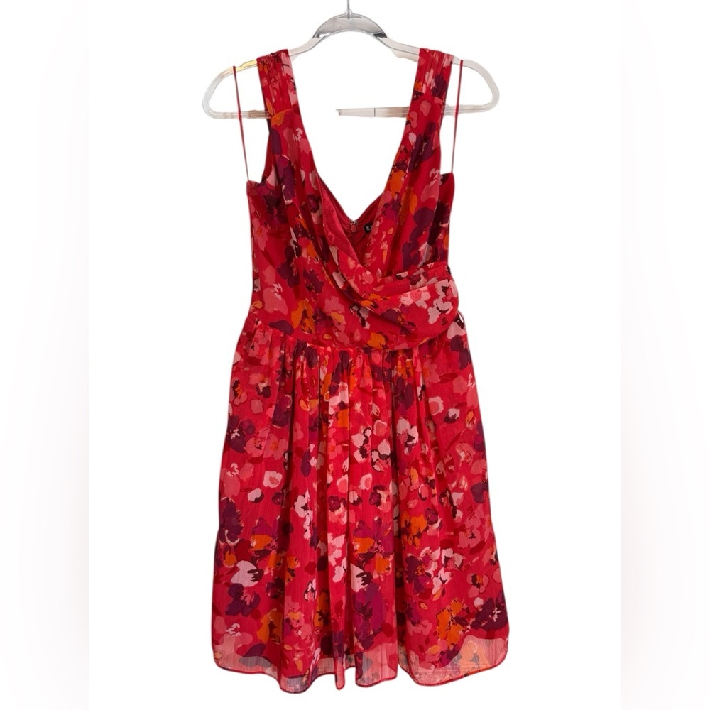 Express Chiffon Fit Flare Pink Red Sleeveless Summer Dress VNeck Zipper Sz4